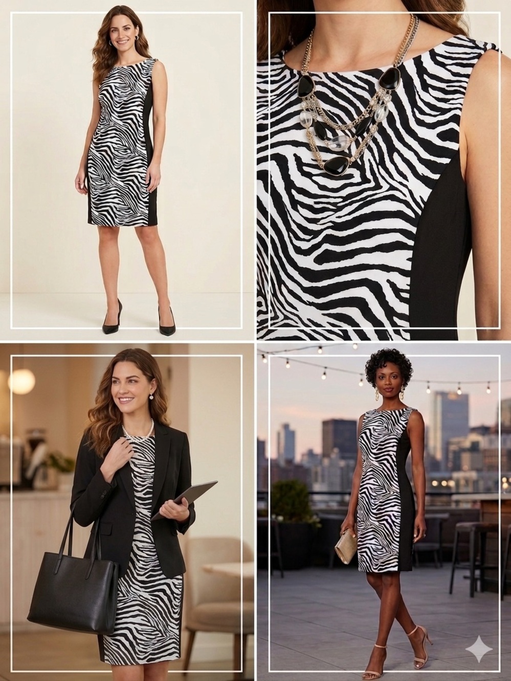 Connected Apparel Black & White Zebra Print Midi Sheath Dress